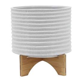 11" Textured Ceramic Planter with Wood Stand - White