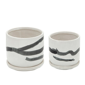 5"/6" Brushstroke Painted Ceramic Planters with Saucers Set of 2 - White