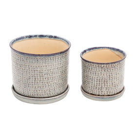 Textured Ceramic Planters with Saucers Set of 2 - Blue
