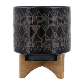 10" Aztec Ceramic Planter on Wooden Stand - Black