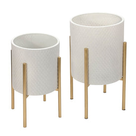 Textured Planters on Metal Stands Set of 2 - White/Gold