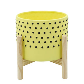 8" Polka Dots Ceramic Planter with Wood Stand - Yellow