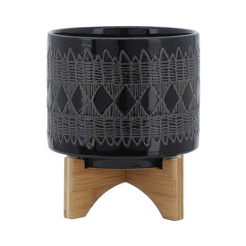 8" Aztec Ceramic Planter on Wooden Stand - Black