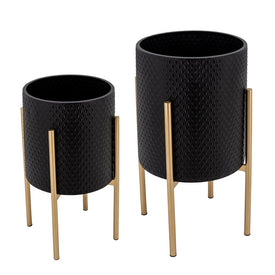 Textured Planters on Metal Stands Set of 2 - Black/Gold