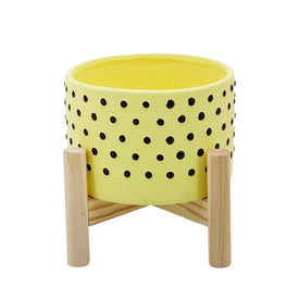 6" Polka Dots Ceramic Planter with Wood Stand - Yellow