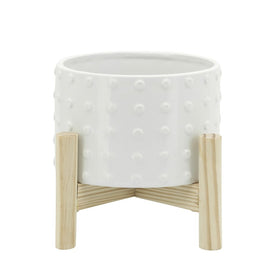 6" Dotted Ceramic Planter with Wood Stand - White