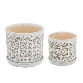 Circles Ceramic Planters with Saucers Set of 2 - Beige