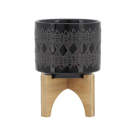 5" Aztec Ceramic Planter on Wooden Stand - Black