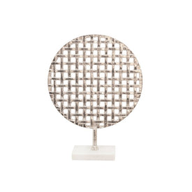 18" Round Metal Mesh Decoration on Marble Base - Silver