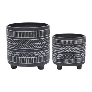 6"/8" Tribal Look Footed Planters Set of 2 - Black