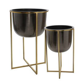 20"/25" Metal Planters with Stands Set of 2 - Gunmetal/Gold