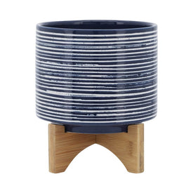 9.25" Brushed Stripes Ceramic Planter on Wood Stand - Blue