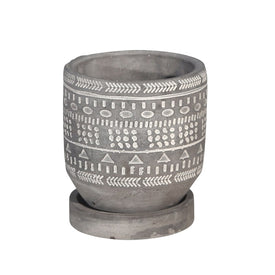5 " Tribal Pattern Cement Planter with Saucer - Gray