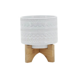 5" Tribal Planter with Wood Stand - White