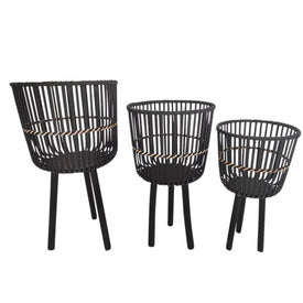 Tall Bamboo Footed Planters Set of 3 - Black