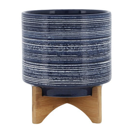 11.5" Brushed Stripes Ceramic Planter on Wood Stand - Blue