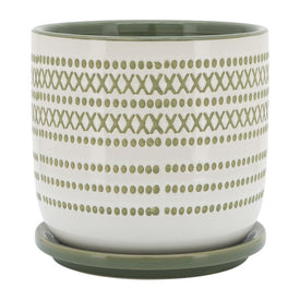 6" Tribal Dots Ceramic Planter with Saucer - Olive