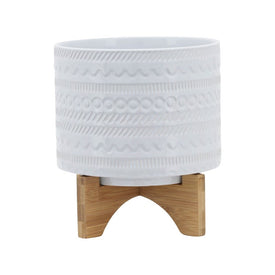 7" Tribal Planter with Wood Stand - White