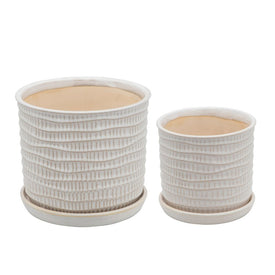 Textured Stripes Planters with Saucers Set of 2 - Beige