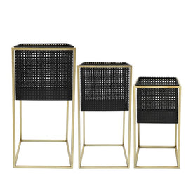 8"/9"/11" Square Metal Mesh Planters on Gold Metal Stands Set of 3 - Black