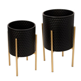 Honeycomb Planters on Metal Stands Set of 2 - Black/Gold