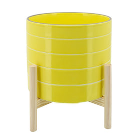 10" Striped Ceramic Planter with Wood Stand - Yellow