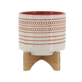 8" Aztec Ceramic Planter with Wood Stand - Orange