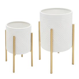 Aztec Planters on Metal Stands Set of 2 - White/Gold