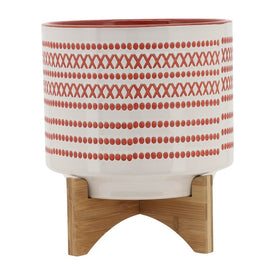 10" Aztec Ceramic Planter with Wood Stand - Orange
