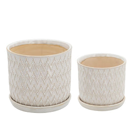 Chevron Planters with Saucers Set of 2 - Beige