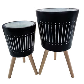 10"/12" Vertical Lines Ceramic Planters with Wood Legs Set of 2 - Navy (Knockdown Design)