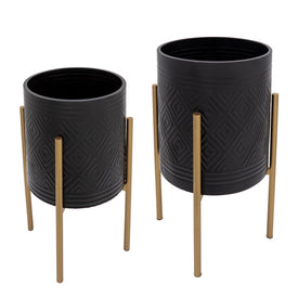 Aztec Planters on Metal Stands Set of 2 - Black/Gold