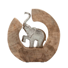 Aluminum Elephant in Mango Wood Circle - Silver/Brown