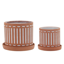 6"/8" Dashed Lines Terracotta Planters with Saucers Set of 2 - Orange/White