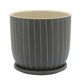 7" Stripes Ceramic Planter with Saucer - Gray