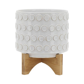 8" Spotted Ceramic Planter on Wooden Stand - Ivory