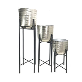 Tall Metal Planters on Stands Set of 3 - Silver/Black