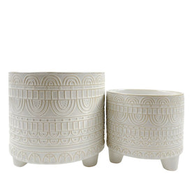 6"/8" Tribal Footed Ceramic Planters Set of 2 - White
