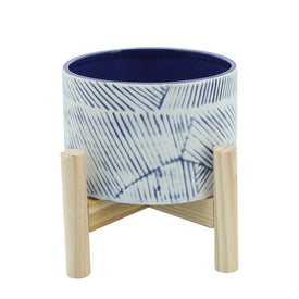 6" Abstract Lines Ceramic Planter with Wood Stand - Navy