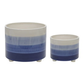 10"/12" Tonal Stripes Ceramic Footed Planters Set of 2 - Blue Mix