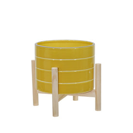 8" Striped Ceramic Planter with Wood Stand - Yellow