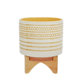 11.5" Dotted Ceramic Planter on Wood Stand - Yellow