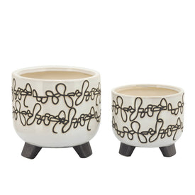 Scribble Lines Ceramic Footed Planters Set of 2 - Beige