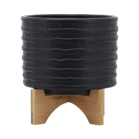7" Textured Ceramic Planter with Wood Stand - Black