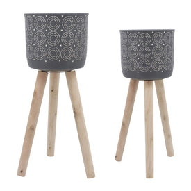 Circles Ceramic Planter with Tripod Wood Legs Set of 2 - Gray