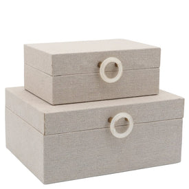 7"/9" Velvet-Covered Wood Boxes with Ring Detail Set of 2 - Beige