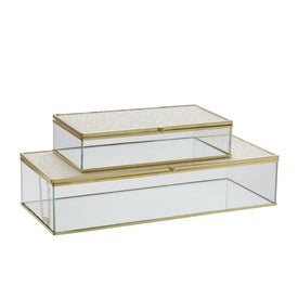 8"/10" Metal/Glass Lidded Boxes with Glittered Tops Set of 2 - White