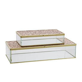 8"/10" Metal/Glass Lidded Boxes with Glittered Tops Set of 2 - Blush