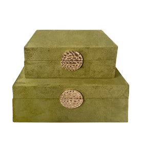 10"/12" Wood Boxes with Medallion Set of 2 - Olive/Gold