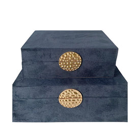 10"/12" Wood Boxes with Medallion Set of 2 - Navy/Gold